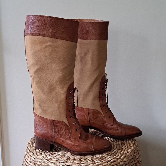 Ralph Lauren Womens Luxury Brown Leather/Tan Canvas Riding/Equestrian Boots S-9